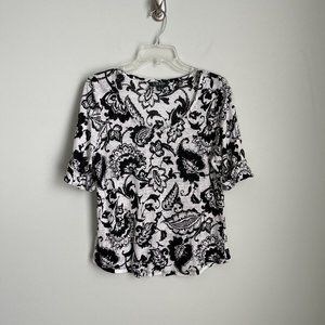 Lauren Ralph Lauren Black White Short Sleeve 100% Linen Blouse